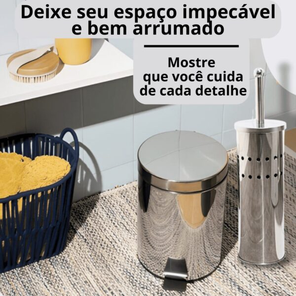Lixeira de Aço Inox 3 Litros com Escova Sanitária e Suporte - Image 5